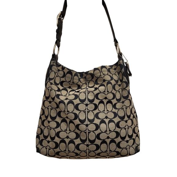 Coach Penelope Hobo Shoulder Bag Signature C Tan Trim Canvas Black Leather Flaws - Picture 4 of 16